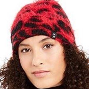 DKNY Red Black Animal Spots Fuzzy Warm Beanie NEW